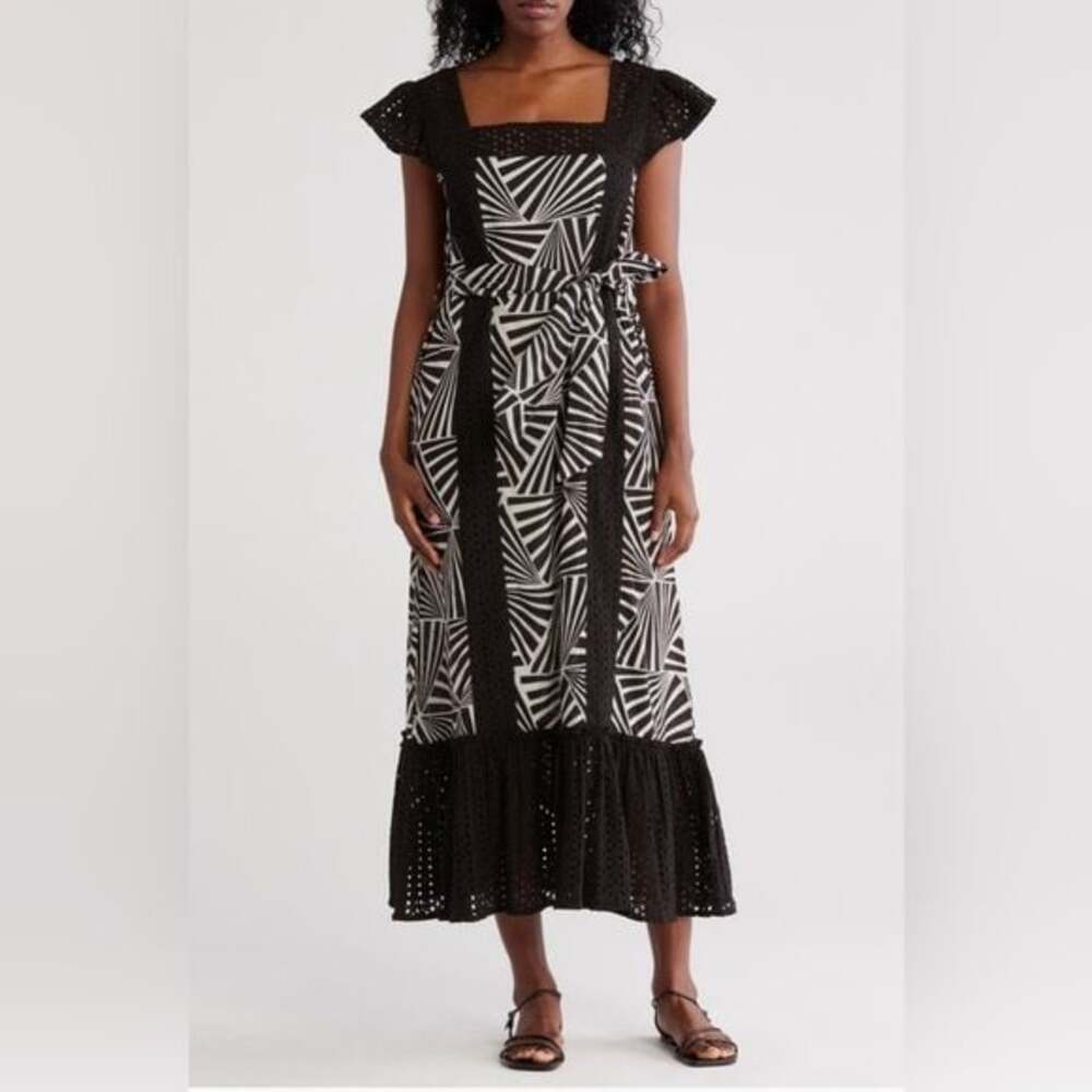 MAISIE Embroidered Chic Black and White Geometric Maxi Dress Sz XS